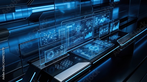 Futuristic digital interface displaying data and information