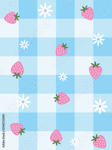 pink strawberries and daisies on a blue gingham vector background, seamless strawberry  pattern pink strawberry, daisy wallpaper vector 
Vector Fresh Strawberries and daisy Seamless Pattern 