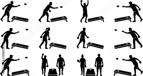 Cornhole players silhouette icon set, flat black 
glyph style, pure white background