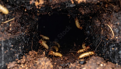 Earwigs exploring a dark, damp crevice, showcasing their natural habitat and behavior up close