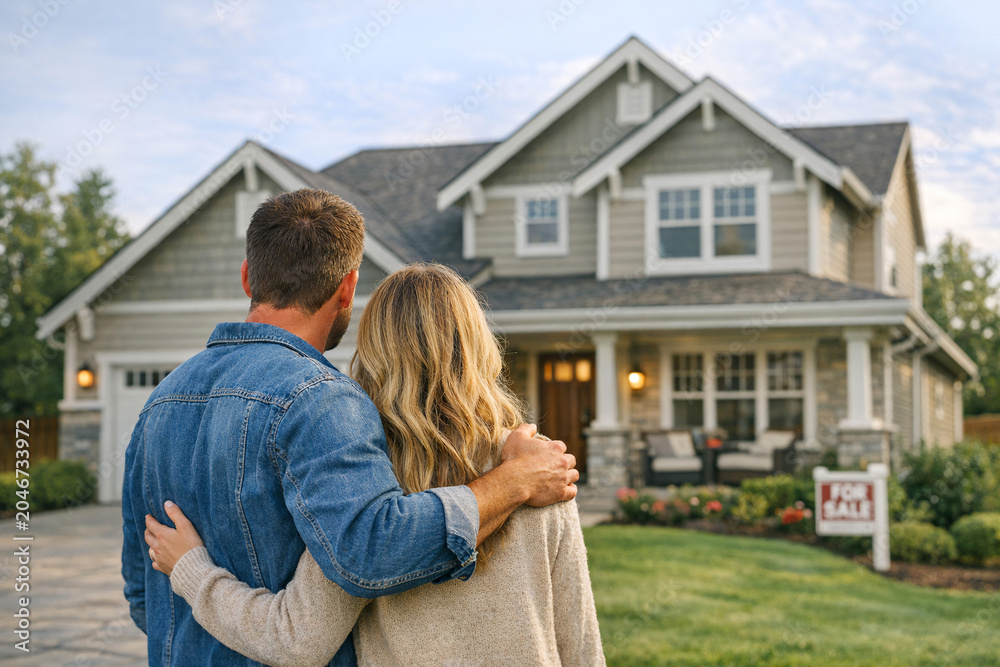 Fototapeta premium Couple embracing in front of their new house