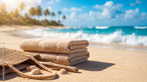 Woven straw bag and beige textured towels on sandy beach with ocean view