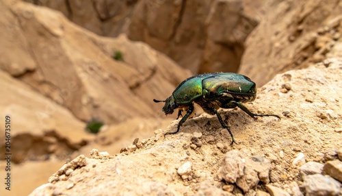 Iridescent Beetle Navigates a Rocky Desert Slope