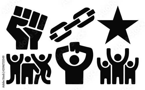 Obraz na płótnie Set of protest symbols: clenched fist broken chain star and celebrating crowd