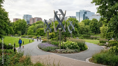 Modern Wind Turbine Sculptures in a Lush Urban Park with Cyclists