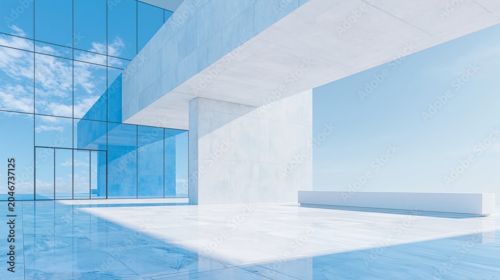 Fototapeta premium Modern Office Facade with Blue Glass Reflection