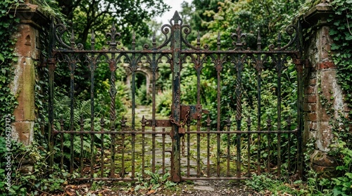 Ornate Rusty Iron Gate Locked in Overgrown Garden Entrance with Stone Archway