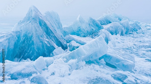 Winter Ice Surface with Blue Cracks and Snow