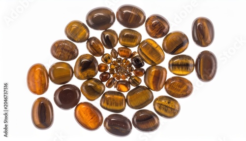 Polished Tiger's Eye Gemstone Cabochons Arranged in a Radiating Spiral Pattern