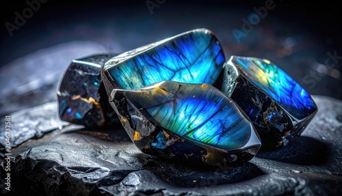 Raw Labradorite Gemstones Displaying Vivid Iridescent Blue and Green Flashes