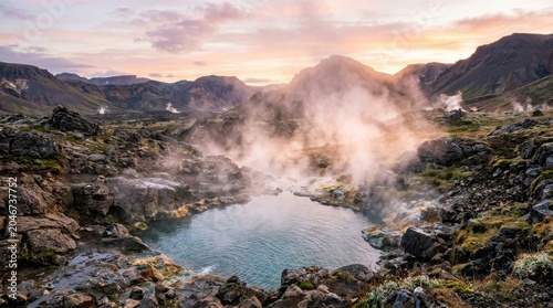 Steaming Geothermal Hot Spring Pool Surrounded by Rugged Volcanic Landscape at Dawn