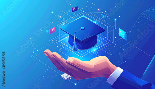 Graduation cap held in open palm above digital network, symbolizing online education and knowledge acquisition