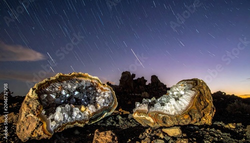 Two large geode halves revealing crystalline interiors under a starry night sky