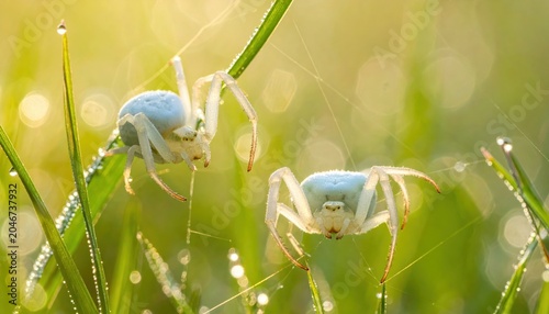 Two small white spiders diligently spinning intricate silken webs on dew-kissed green grass stalks in soft morning light