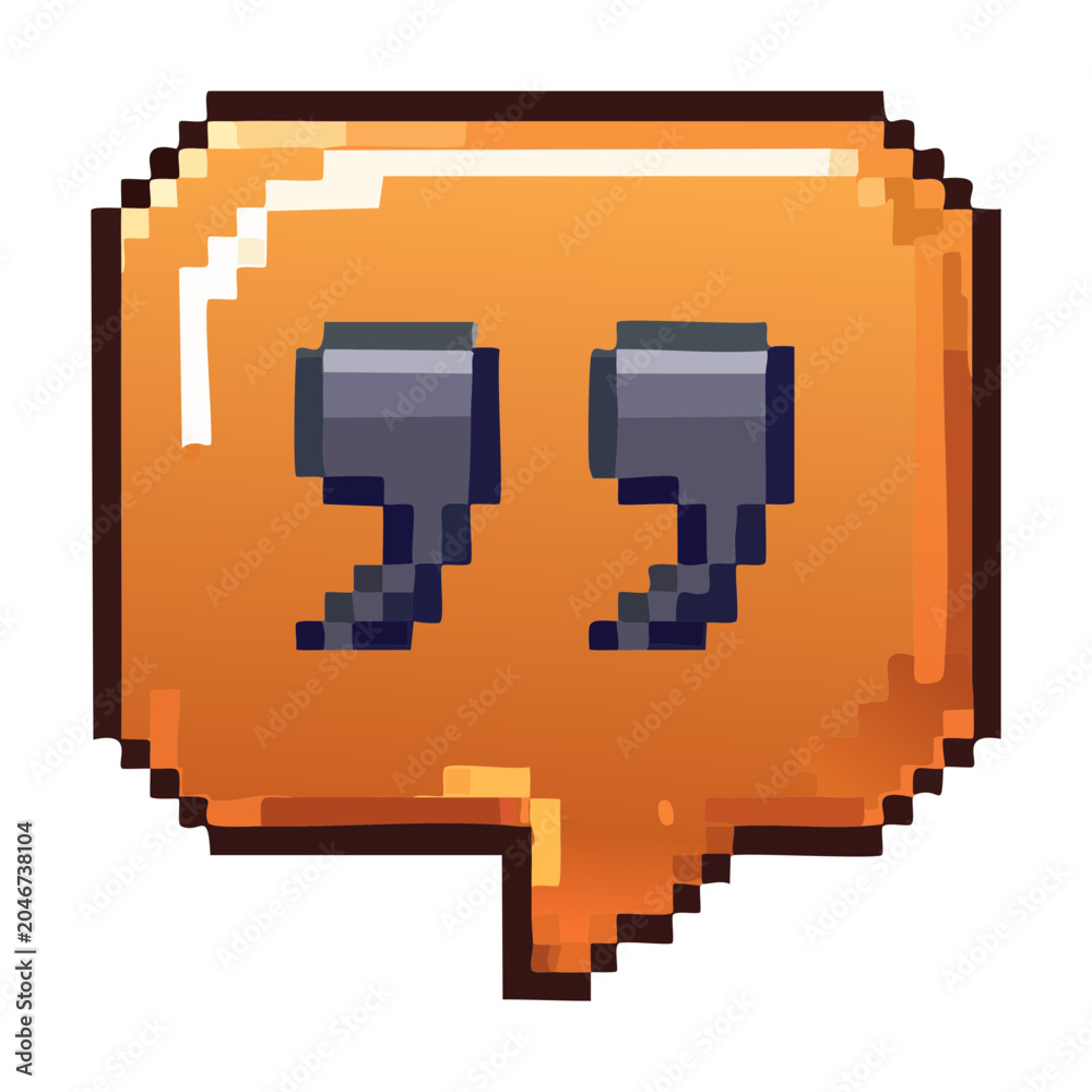 Fototapeta premium Dark orange conversation chat box frame with quote marks symbol for user commentary social media feedback web application interface pixel art