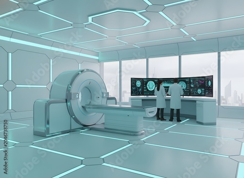 Futuristic medical imaging room with MRI scanner. Doctors analyzing brain scans on digital monitors. High tech hospital interior with city view