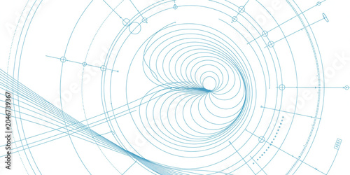Technical abstract blueprint displaying geometric circles and mathematical trajectory lines for scientific engineering concepts model.