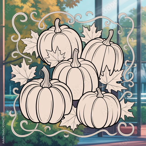 Autumn pumpkins and maple leaves composition for coloring page activity featuring stylized gourds and swirling vine border patterns.