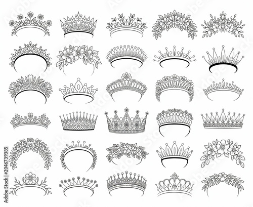 Elegant tiaras and royal crowns collection for bridal accessories featuring floral motifs and gemstone patterns in line art style.