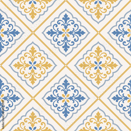 Elegant Blue Gold Damask Tile Seamless Pattern Vintage Moroccan Ceramic Wallpaper