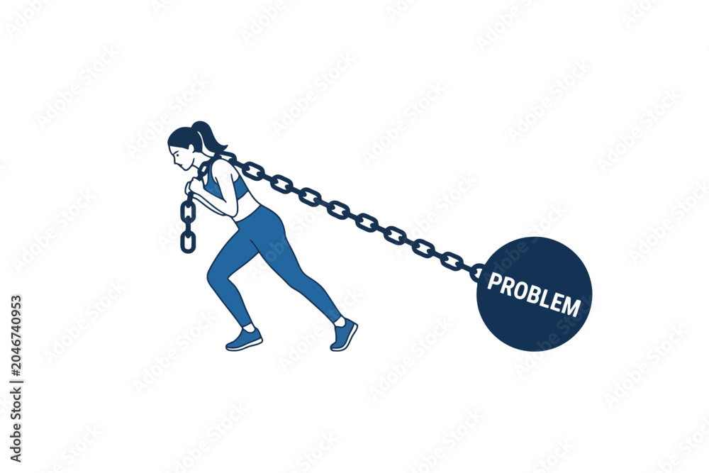 Fototapeta premium Woman Pulling Heavy Problem Weight with Iron Chain
