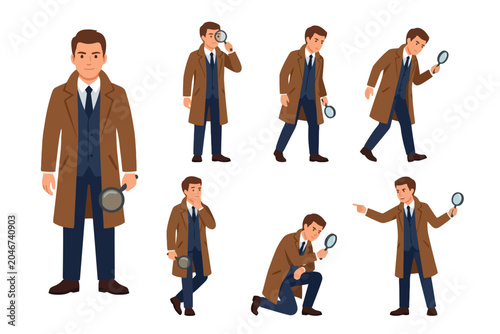 Vászonkép Detective Character Set Holding Magnifying Glass in Various Poses