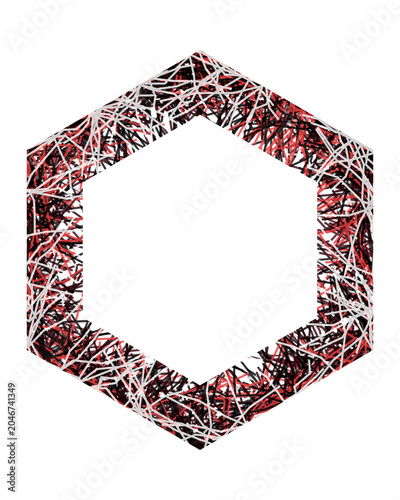 Tableau sur toile Hexagon frame incorporates a vibrant red and black chaotic line art design forming a hexagonal border on a white background