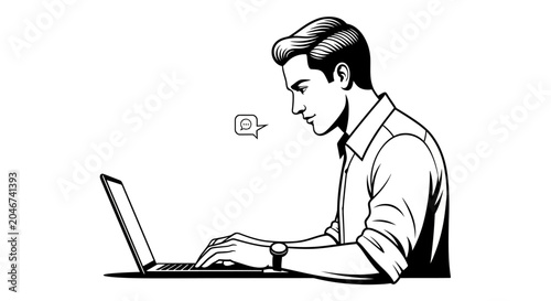 Man Working on Laptop Vector Illustration