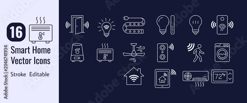 Smart Home Technology Line Icons Set – Editable Stroke Vector Collection with network  Devices, Smart Thermostat, Security System, Home Automation and IoT Outline Symbol