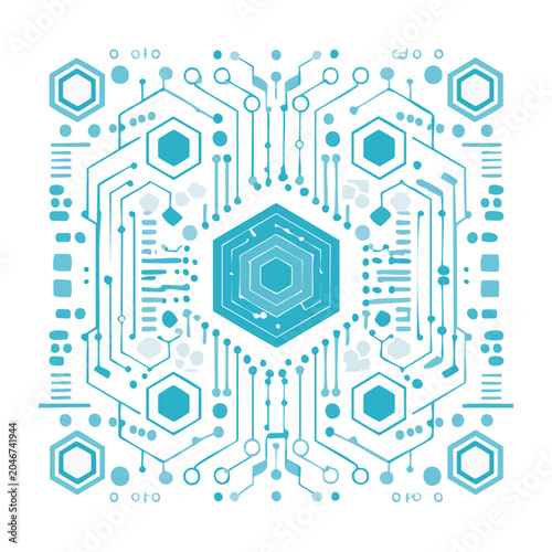 Abstract blue circuit board with hexagons and data flow