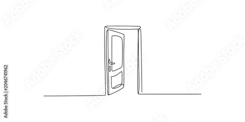 Fotografie A simple line drawing of an open door with a frame and handle on a white backgro