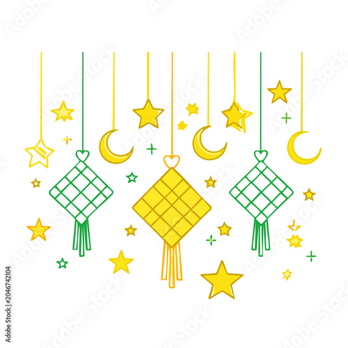 Flat design ketupat, moon, and stars decoration