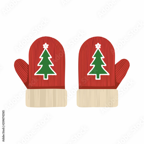 Red Knitted Mittens with Christmas Tree Design