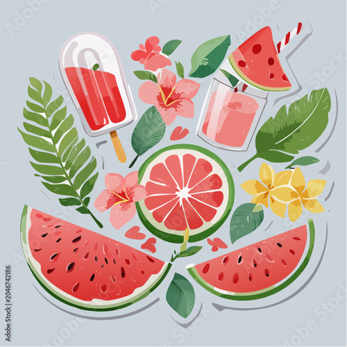 Summer Refreshment Collage: Watermelon, Popsicle, and Tropical Flowers