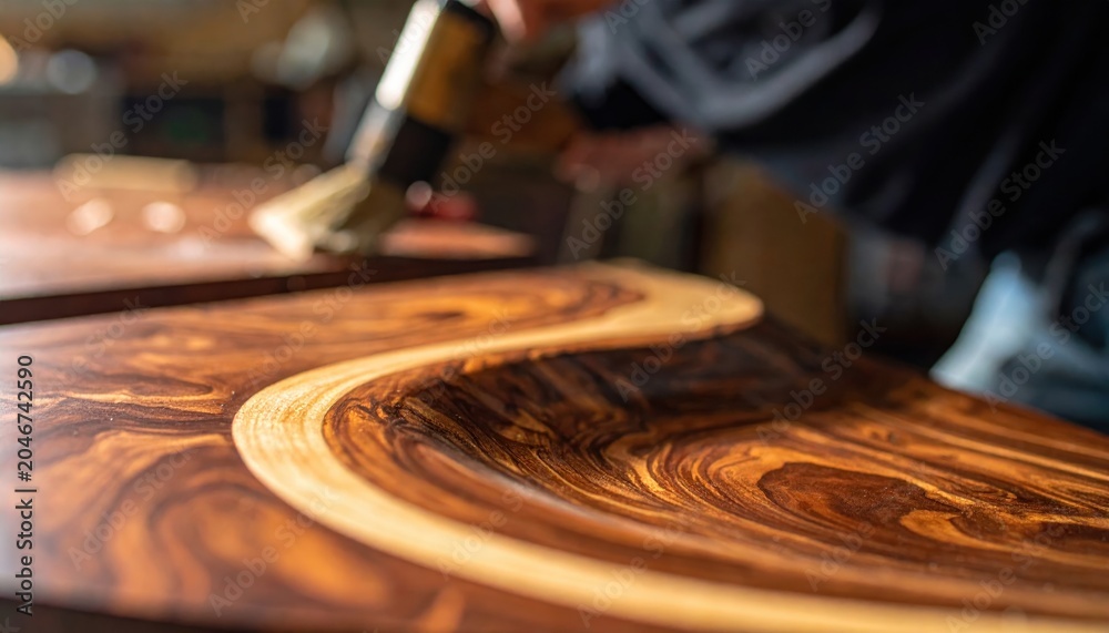 Obraz premium Artisan carefully applying finish to smoothly carved wooden furniture with flowing grain pattern