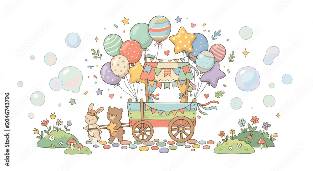 Naklejka premium A whimsical illustration of a bear and a rabbit pulling a colorful cart filled with many festive balloons through a flowery meadow with bubbles.