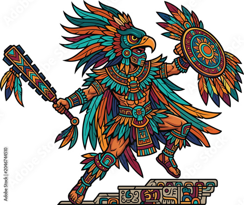 Vector illustration of an Aztec eagle warrior holding a shield and macuahuitl weapon isolated on white background