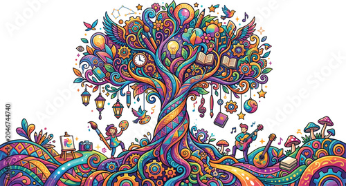 Foto Vector illustration of a large creative tree of life with abstract doodle patter