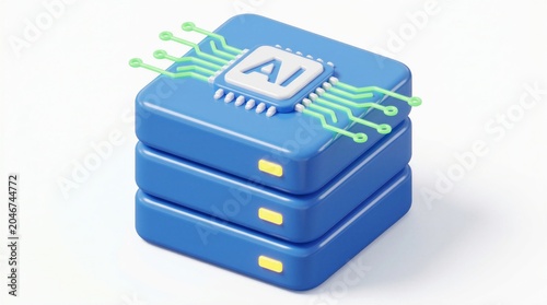 3D illustration of a blue server rack topped with an artificial intelligence microchip and green circuit lines on a white background.