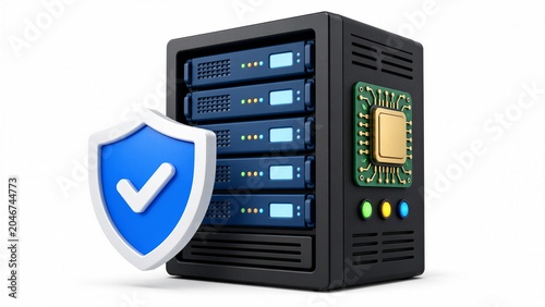 3D illustration of a computer server rack with a blue security shield icon representing data protection and cybersecurity.