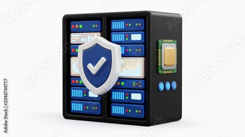 3D illustration of a secure server rack with a blue shield icon representing data protection and cybersecurity in a modern data center environment.