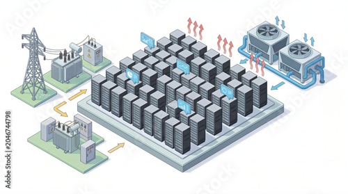 Isometric illustration shows a data center connected to an electrical power grid and industrial cooling system.