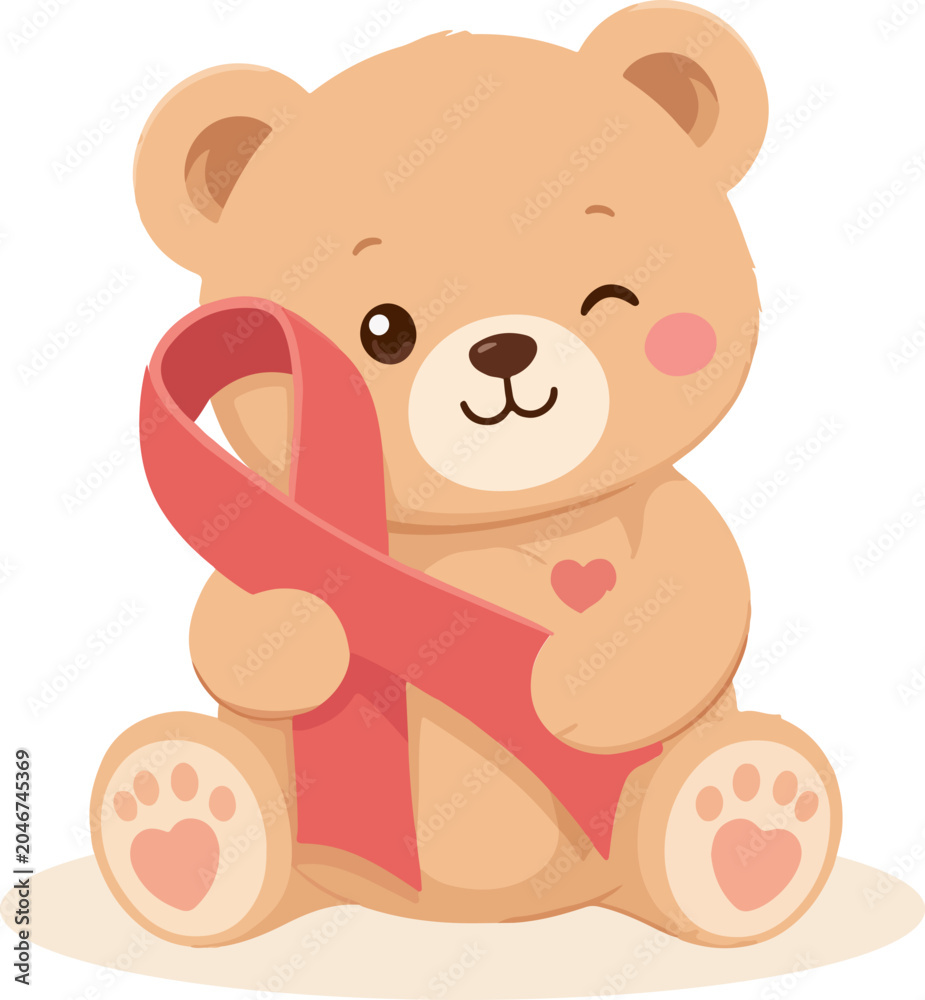 Fototapeta premium Cute Teddy Bear Holding Red Awareness Ribbon Support Character 