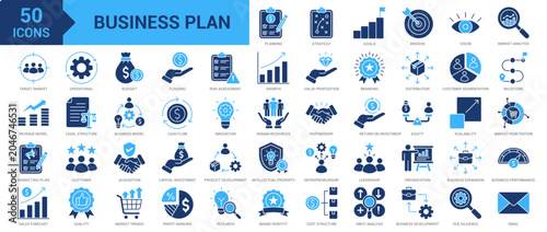 Business Plan icon set. Planning, strategy, vision, mission, goals, branding, market analysis, customer segmentation, business expansion, SWOT analysis and more. Solid vector icons