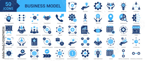 Business Model icon set. Solution, productivity, employee, innovation, third party, skill development, strategy, partnership, focus group, customer-centric, research and more. Solid vector icons
