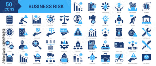Business Risk icon set. Competition, war, recession, restriction, hacking, low sales, uncertainty, bankruptcy, risk management, bad review, failure, fraud and more. Solid vector icons