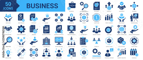 Business icon set. Research and development, pie chart, analytics, employee, project management, presentation, analysis, teamwork, brainstorming and more. Solid vector icons