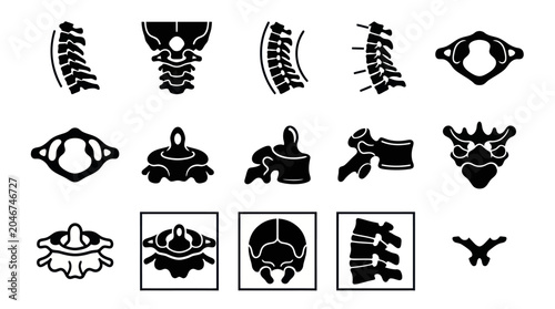 Foto Black silhouette icons of human vertebrae and spinal anatomy.