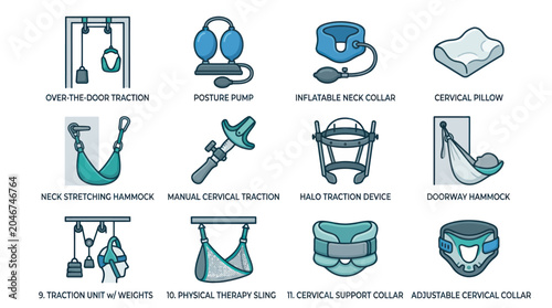 Bild auf Leinwand Cervical traction and neck support medical device icons