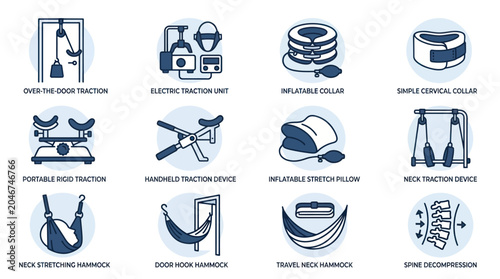 Konstfotografi Cervical traction and neck support device line icons set.